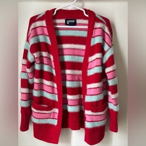 Girls Lands End Red White Striped Open Front Cardigan Sz XS (size 4-5)